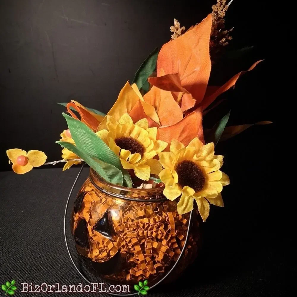 VINTAGE: Autumn Pumpkin Glass Vase with Floral Arrangement